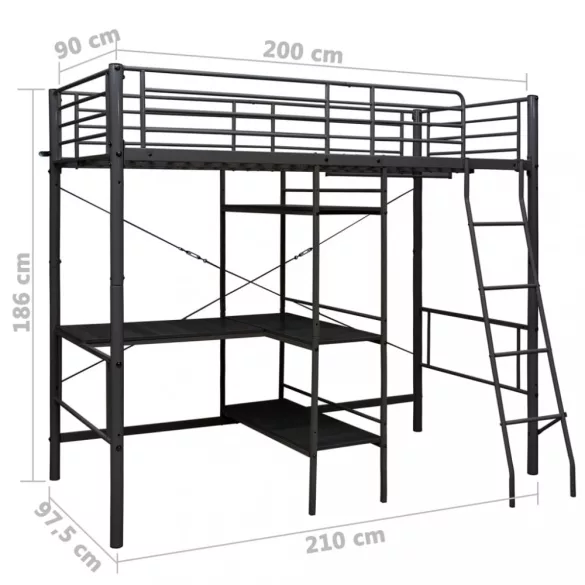 fekete fém emeletes ágykeret asztallal 90 x 200 cm