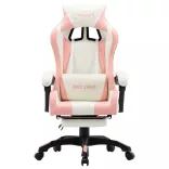 rózsaszín és fehér műbőr versenyszék lábtartóval