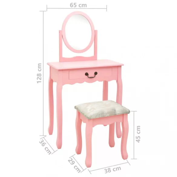 rózsaszín császárfa MDF fésülködőasztal ülőkével 65x36x128 cm