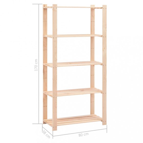 5 db 5-szintes tömör fenyőfa tárolópolc 250 kg 80 x 38 x 170 cm