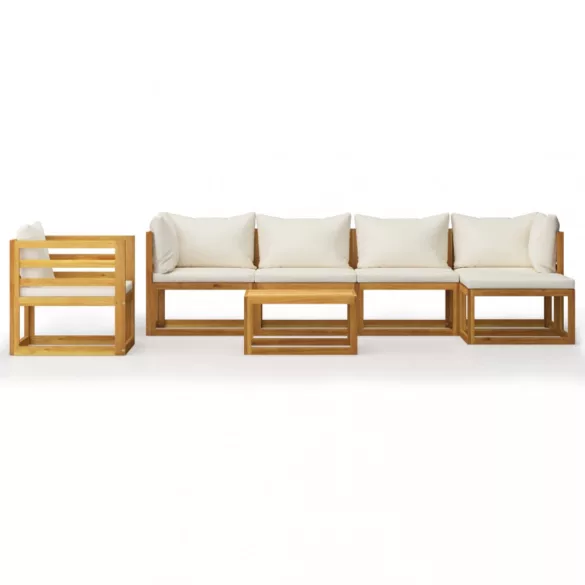 7 részes tömör akácfa kerti ülőgarnitúra krémszínű párnával