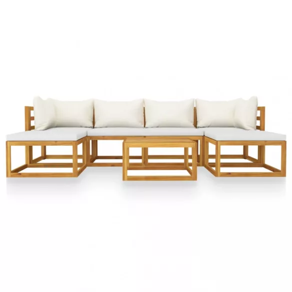 7 részes tömör akácfa kerti ülőgarnitúra krémszínű párnával