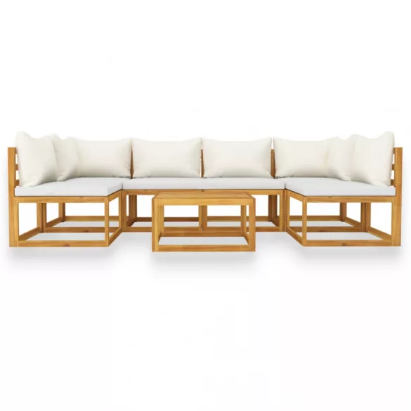 7 részes tömör akácfa kerti ülőgarnitúra krémszínű párnával