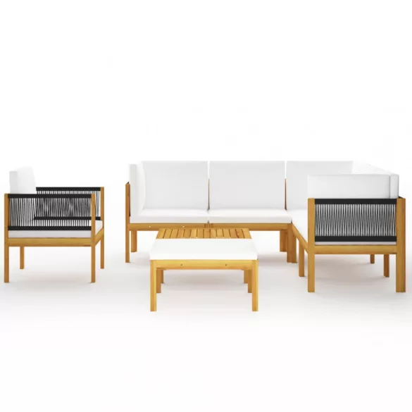 8 darabos krémszínű akácfa és kötél kerti pihenőgarnitúra párnákkal