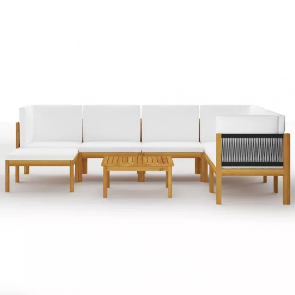 8 darabos krémszínű akácfa és kötél kerti pihenőgarnitúra párnákkal