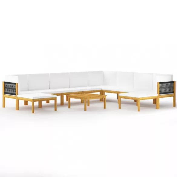 11 darabos krémszínű akácfa és kötél kerti pihenőgarnitúra párnákkal