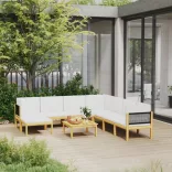 9 darabos krémszínű akácfa és kötél kerti pihenőgarnitúra párnákkal