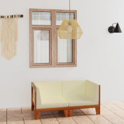   kétszemélyes tömör akácfa kanapé krémfehér párnákkal