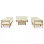 9 részes bambusz kerti bútorszett krémfehér párnákkal