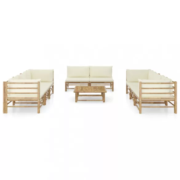 9 részes bambusz kerti bútorszett krémfehér párnákkal