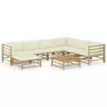 8 részes bambusz kerti ülőgarnitúra krémfehér párnákkal