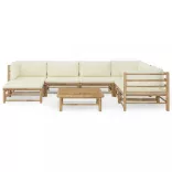 8 részes bambusz kerti ülőgarnitúra krémfehér párnákkal