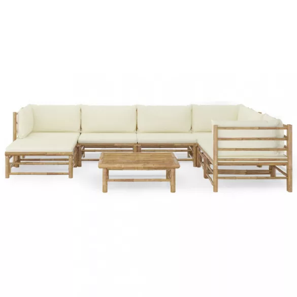 8 részes bambusz kerti ülőgarnitúra krémfehér párnákkal