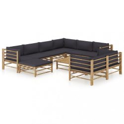   10 részes bambusz kerti ülőgarnitúra sötétszürke párnákkal