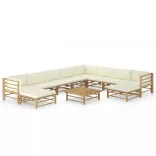 11 részes bambusz kerti ülőgarnitúra krémfehér párnákkal