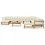 11 részes bambusz kerti ülőgarnitúra krémfehér párnákkal