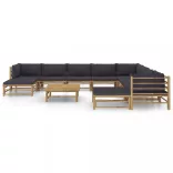 11 részes bambusz kerti ülőgarnitúra sötétszürke párnákkal