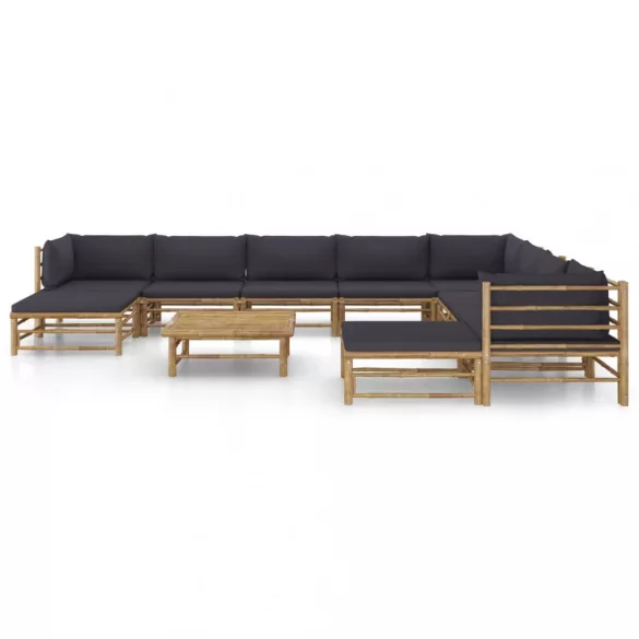 11 részes bambusz kerti ülőgarnitúra sötétszürke párnákkal