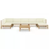 8 részes bambusz kerti ülőgarnitúra krémfehér párnákkal