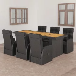   7 részes fekete polyrattan kültéri étkezőszett párnákkal