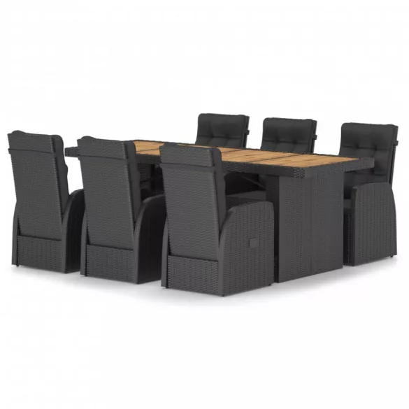 7 részes fekete polyrattan kültéri étkezőszett párnákkal