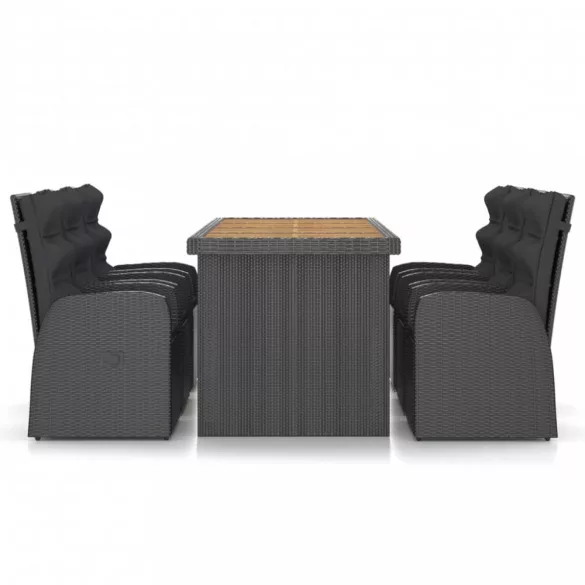 7 részes fekete polyrattan kültéri étkezőszett párnákkal