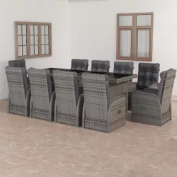   11 részes szürke polyrattan kültéri étkezőszett párnákkal