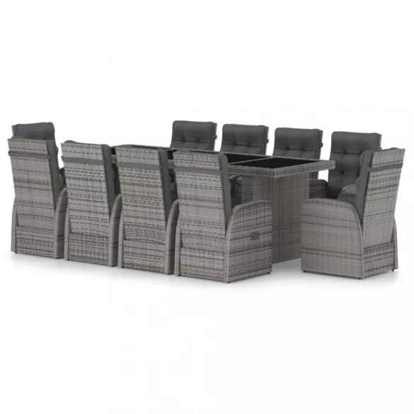 11 részes szürke polyrattan kültéri étkezőszett párnákkal
