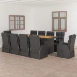 11 részes fekete polyrattan kültéri étkezőszett párnákkal