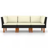 fekete 3 személyes polyrattan kerti kanapé párnákkal