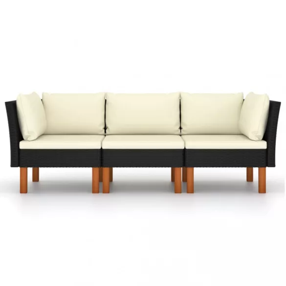 fekete 3 személyes polyrattan kerti kanapé párnákkal
