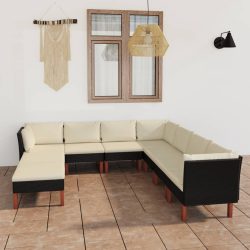   9 részes fekete polyrattan kerti ülőgarnitúra párnákkal