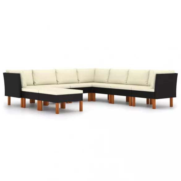 9 részes fekete polyrattan kerti ülőgarnitúra párnákkal