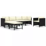 7 részes fekete polyrattan kerti bútorszett párnákkal