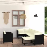 7 részes fekete polyrattan kerti bútorszett párnákkal