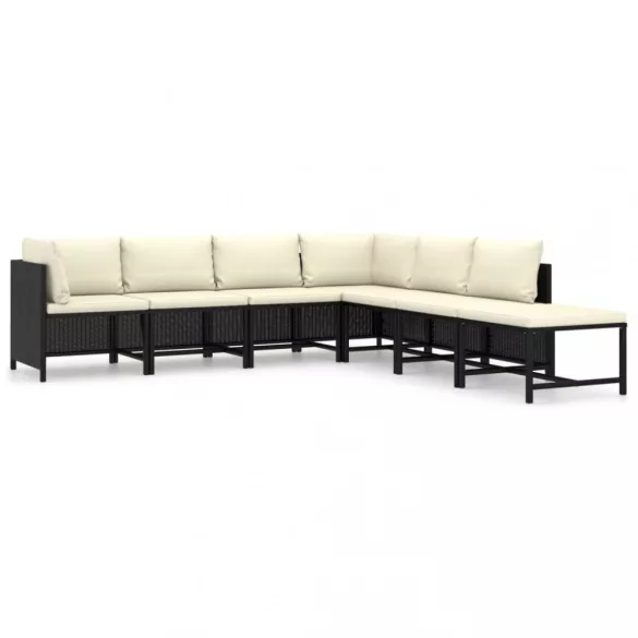 7 részes fekete polyrattan kerti bútorszett párnákkal