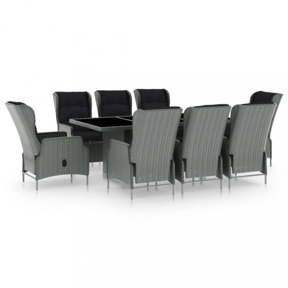 9 részes világosszürke polyrattan kültéri étkezőszett párnákkal