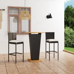 3 részes fekete polyrattan kültéri bárszett párnákkal