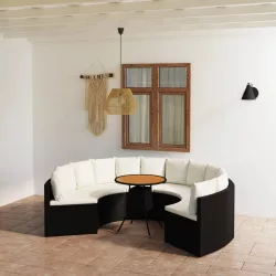 7 részes fekete polyrattan kerti kanapészett párnákkal
