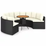 7 részes fekete polyrattan kerti kanapészett párnákkal