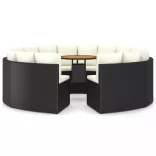 9 részes fekete polyrattan kerti kanapészett párnákkal