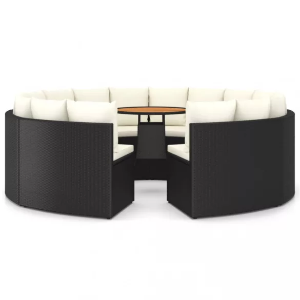 9 részes fekete polyrattan kerti kanapészett párnákkal