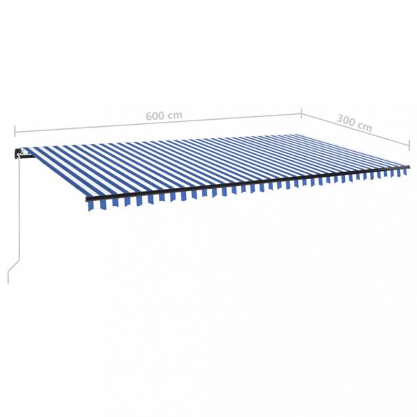 kék és fehér kézzel kihúzható LED-es napellenző 600 x 300 cm