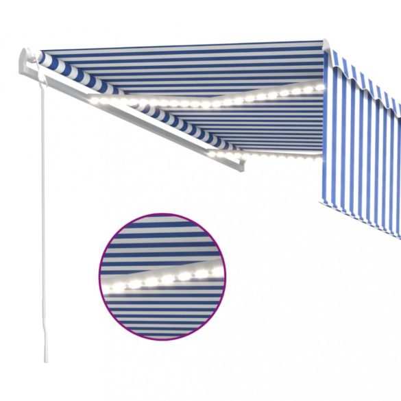 kék és fehér redőnyös, szélérzékelős, LED-es napellenző 4,5x3 m