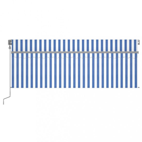 kék és fehér redőnyös, szélérzékelős, LED-es napellenző 4,5x3 m