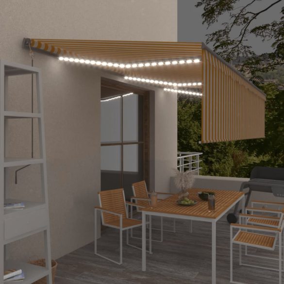 sárga-fehér redőnyös, LED-es, szélérzékelős napellenző 6x3 m