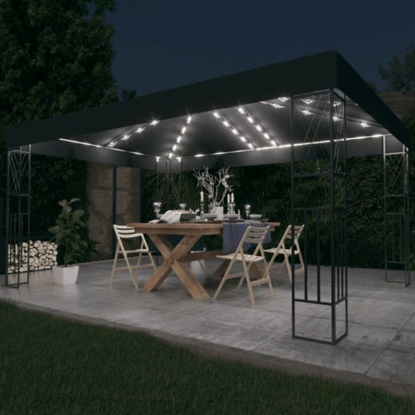 antracitszürke szövet pavilon LED fényfüzérrel 3 x 4 m