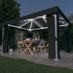   antracitszürke pavilon függönnyel és LED fényfüzérrel 4 x 3 m