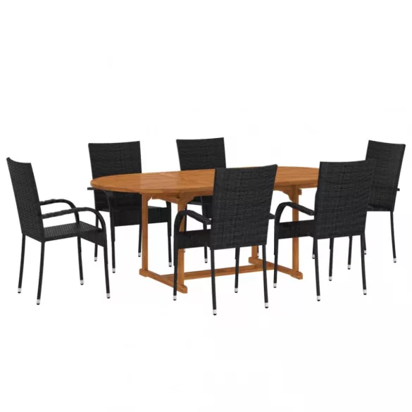 7 részes fekete polyrattan kerti étkezőgarnitúra