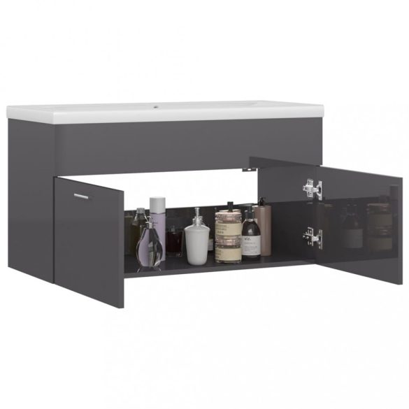 magasfényű szürke szerelt fa mosdószekrény beépített kagylóval